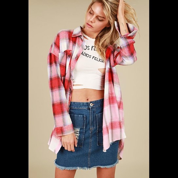 Pol Tops - ONE LEFT! Red Vintage Washed Plaid Shirt.